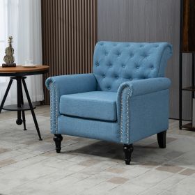 Mid-Century Modern Accent Chair; Linen Armchair w/Tufted Back/Wood Legs; Upholstered Lounge Arm Chair Single Sofa for Living Room Bedroom; Light Blue