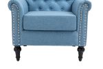 Mid-Century Modern Accent Chair; Linen Armchair w/Tufted Back/Wood Legs; Upholstered Lounge Arm Chair Single Sofa for Living Room Bedroom; Light Blue
